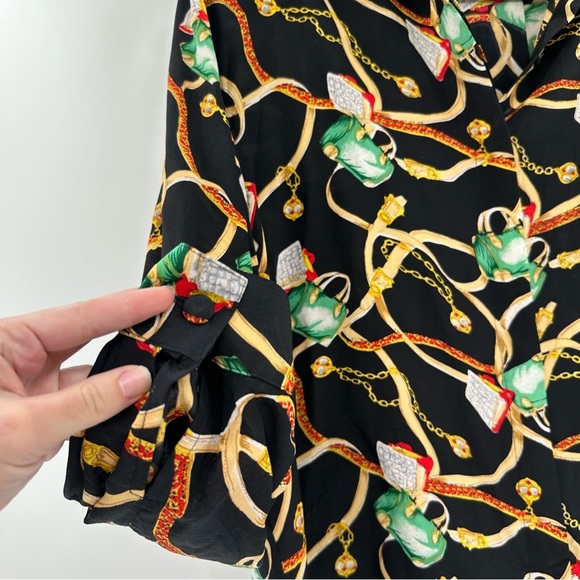 Vintage 100% Silk Blouse Novelty Print Chain Purse Print Size 3XL Piano Brand - Picture 4 of 5